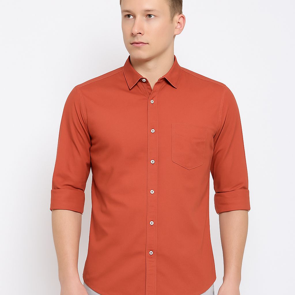 Men's Dusty Orange Cotton Shirt – Solid Color | Casual Full Sleeve Wear