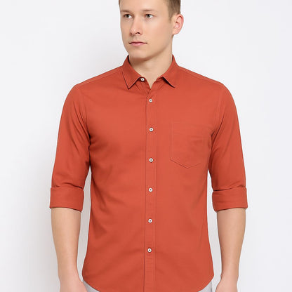 Men's Dusty Orange Cotton Shirt – Solid Color | Casual Full Sleeve Wear