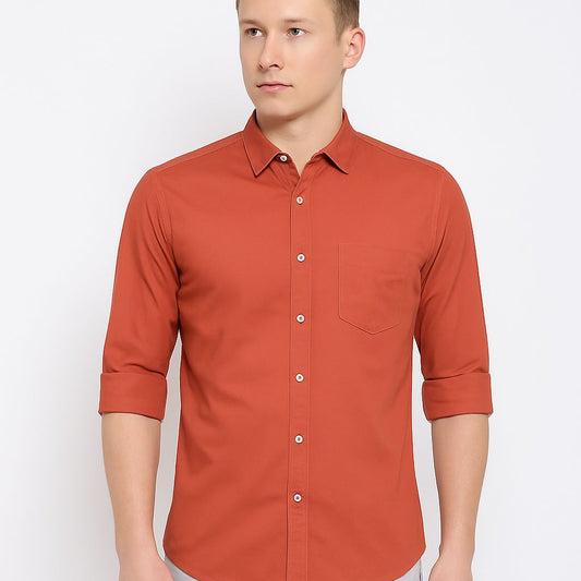 Men's Dusty Orange Cotton Shirt – Solid Color | Casual Full Sleeve Wear